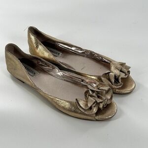 Steve Madden Peep Toe Ruffle Leather Flats 8 Gold Tan